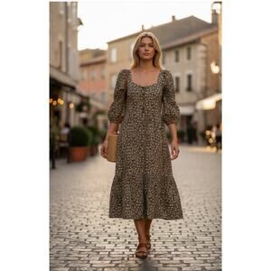 Emerson Fry India Collection Organic Lucy Midi Dress Hushed Green Floral Size XS